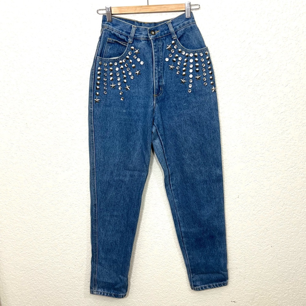 Vintage 80’s Bedazzled Rhinestone Mom Jeans Tapered Leg Rigid Denim Size 7/8